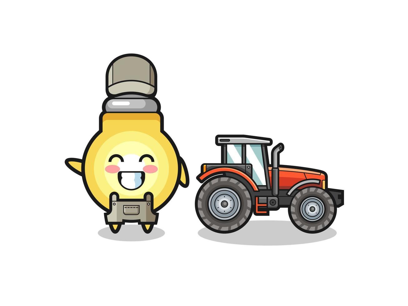 the light bulb farmer mascot standing beside a tractor vector