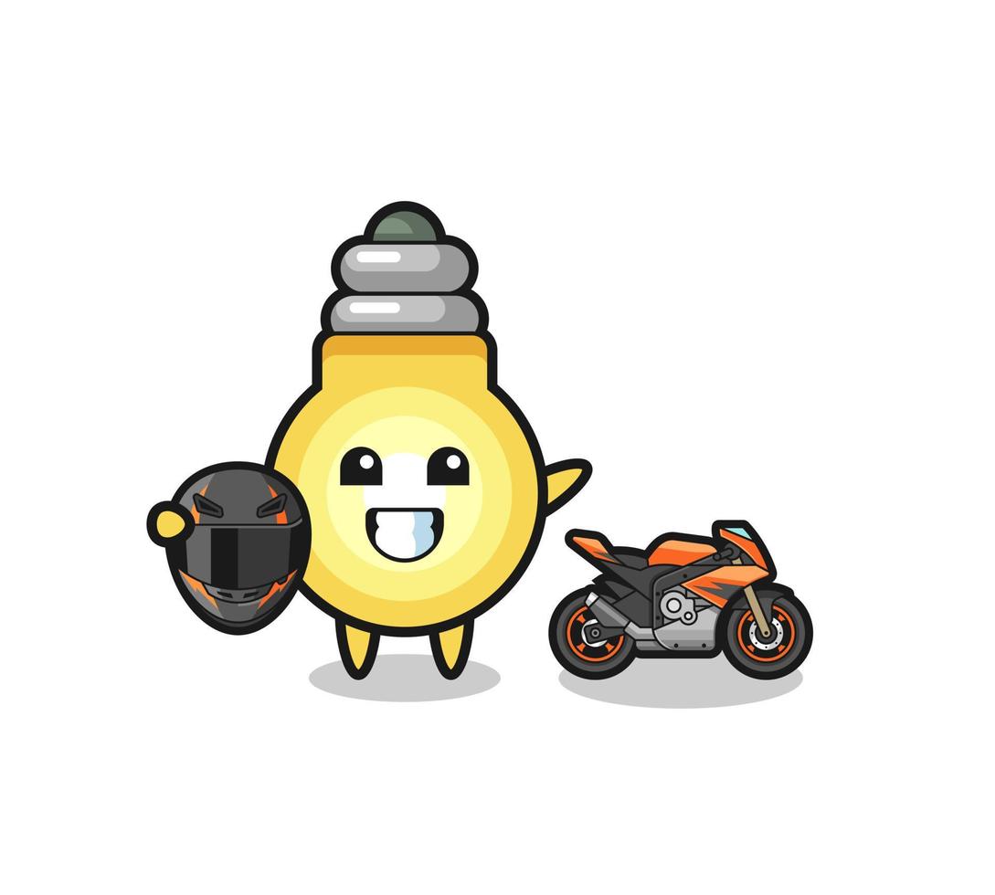 cute light bulb cartoon as a motorcycle racer vector