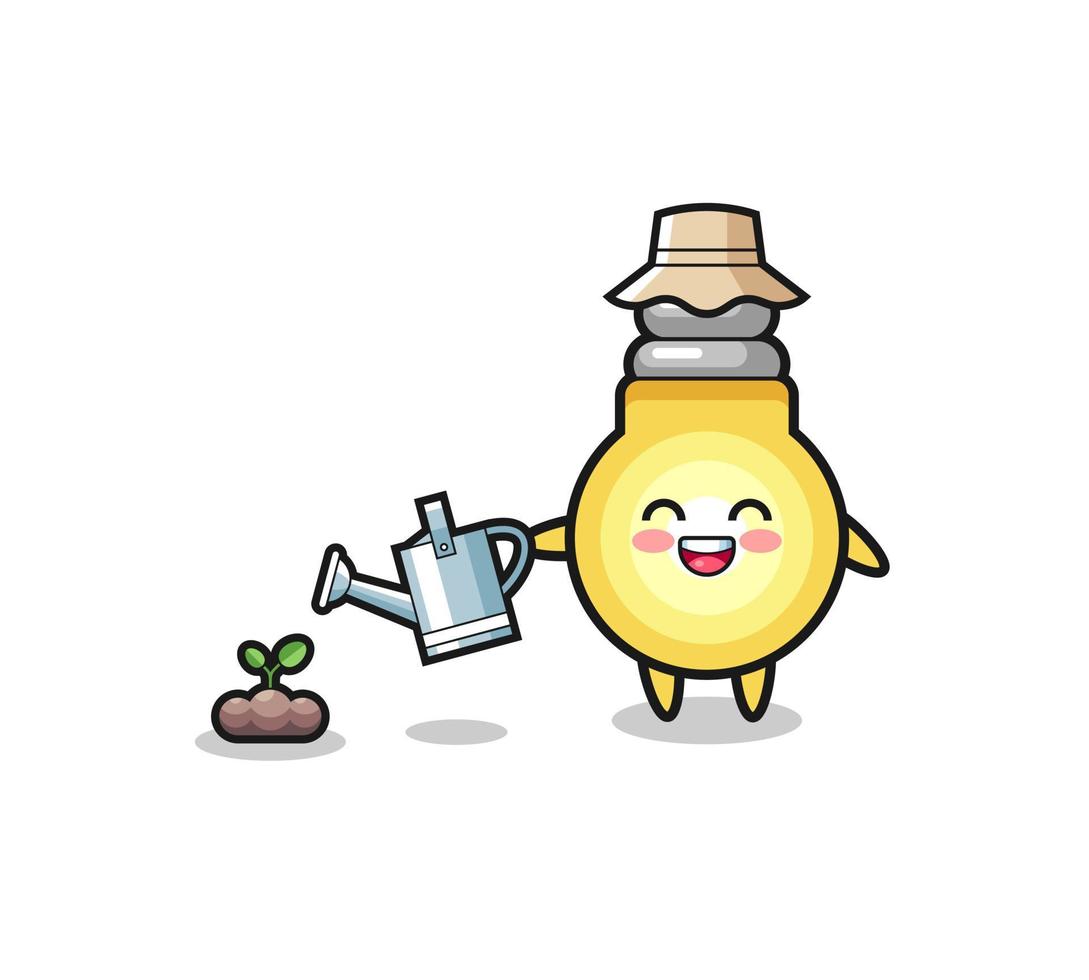 cute light bulb is watering plant seeds vector