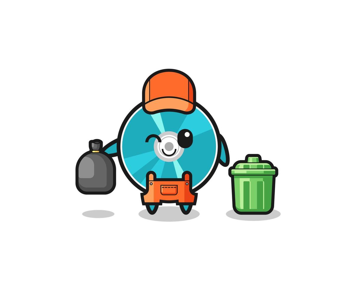 la mascota del lindo disco óptico como recolector de basura. vector