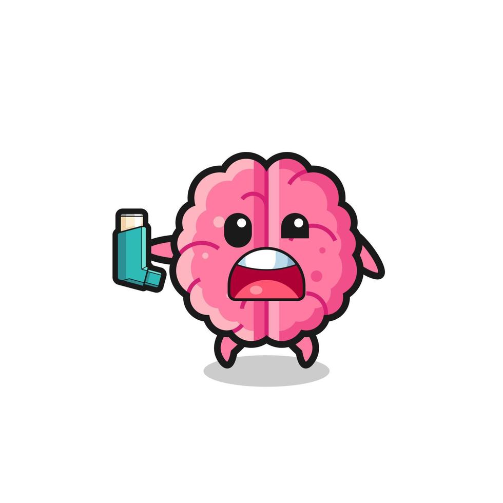 brain mascot having asthma while holding the inhaler vector
