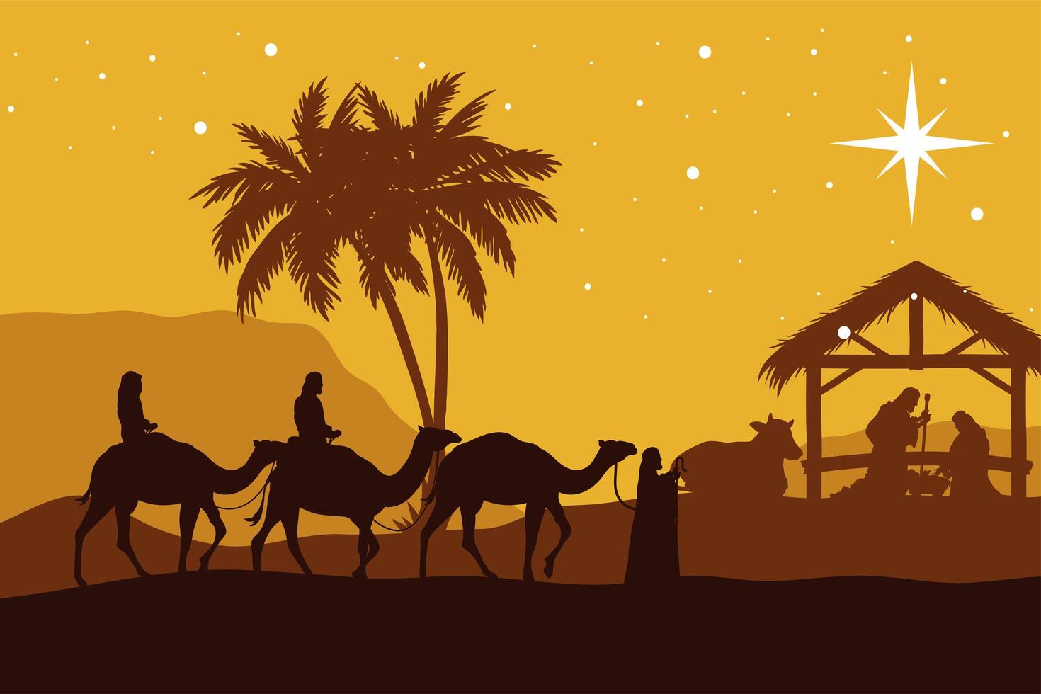 natividad, siluetas, navidad, escena vector