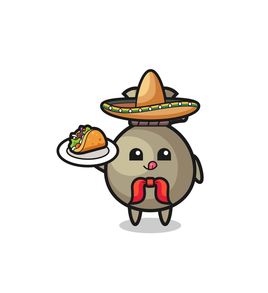 money sack Mexican chef mascot holding a taco vector