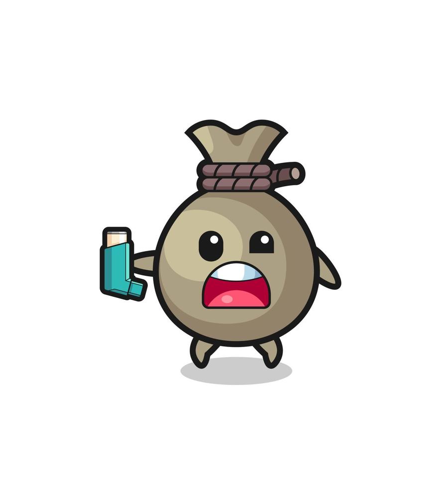 money sack mascot having asthma while holding the inhaler vector