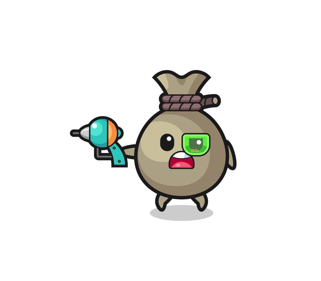 cute money sack holding a future gun vector