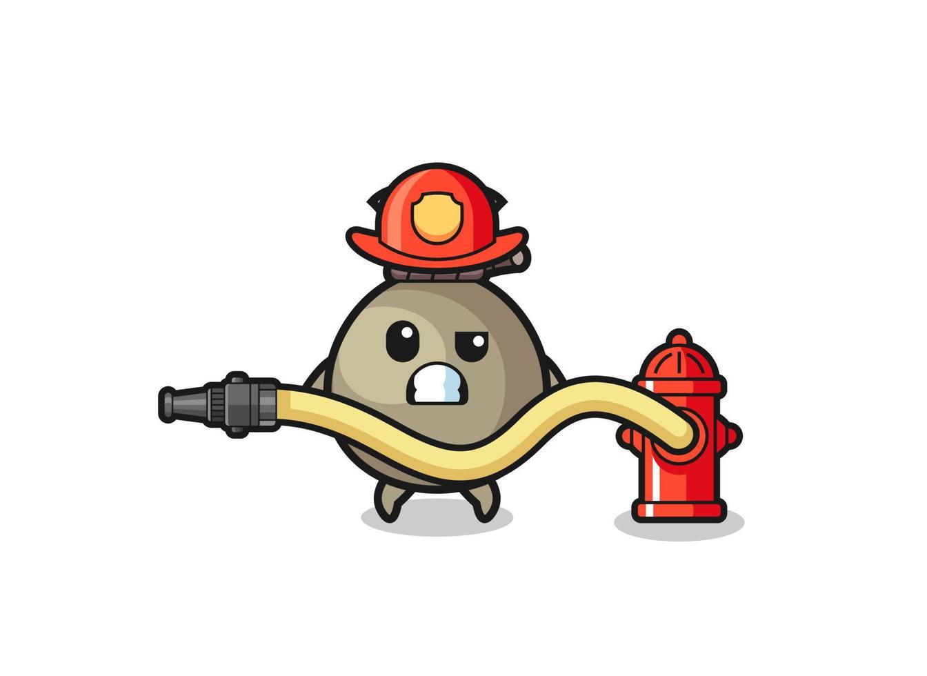 money sack cartoon as firefighter mascot with water hose vector