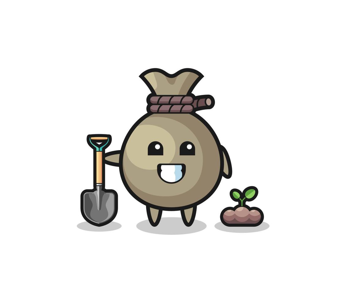 cute money sack cartoon is planting a tree seed vector