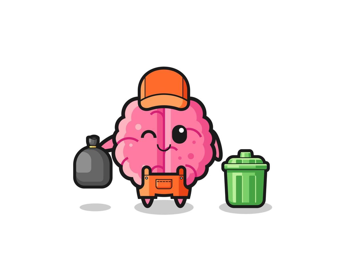the mascot of cute brain as garbage collector vector