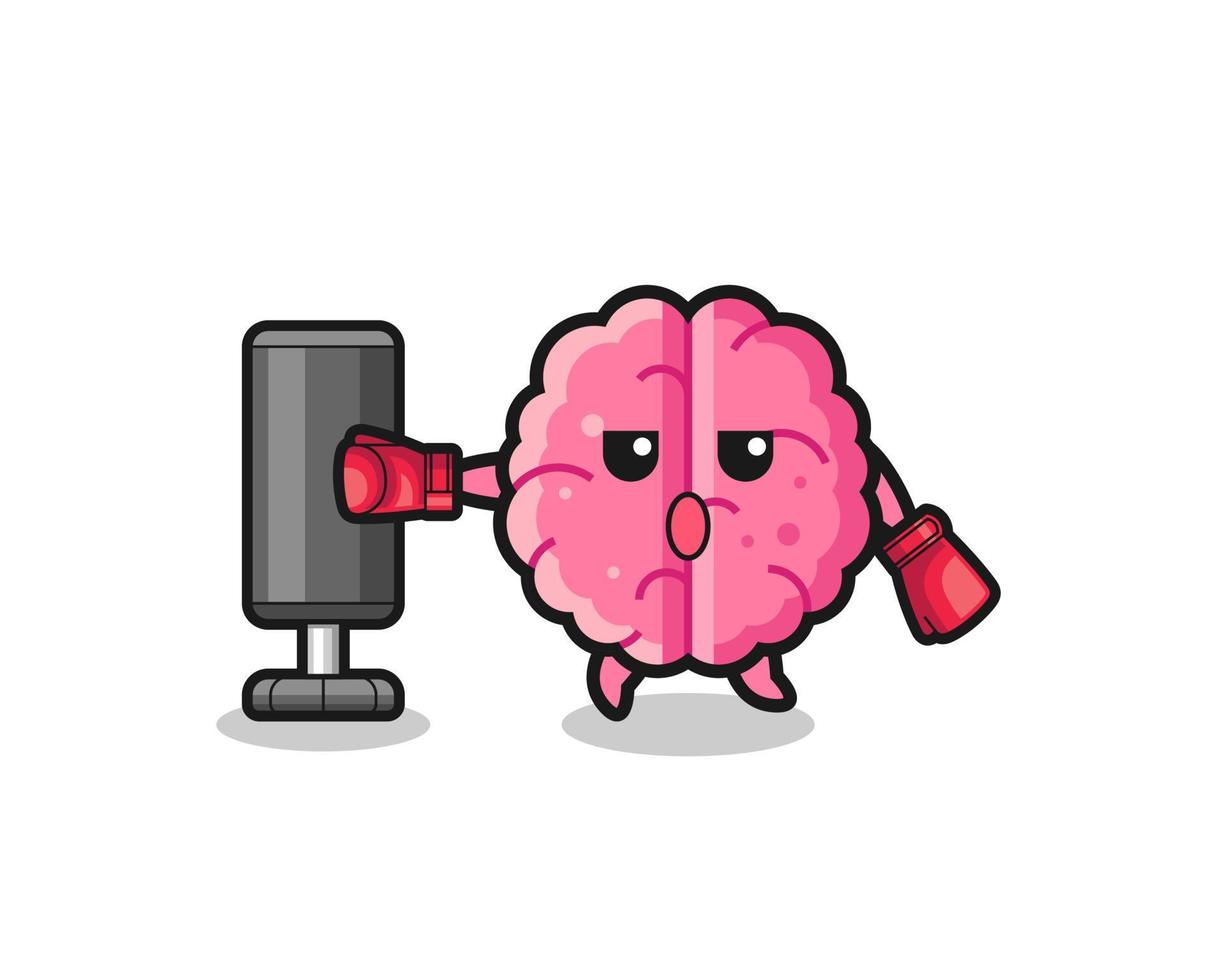 brain boxer cartoon doing training with punching bag vector