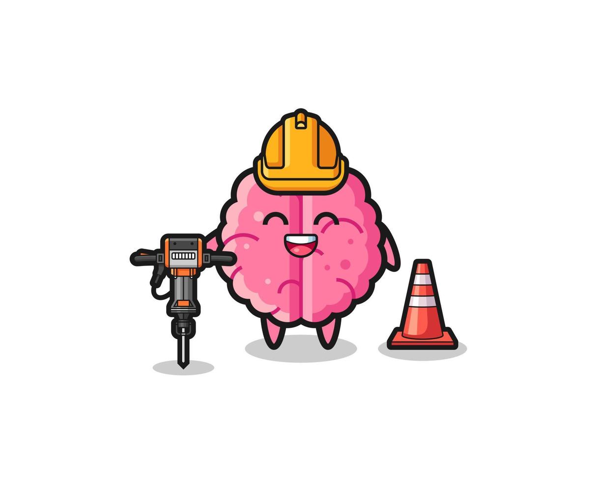 road worker mascot of brain holding drill machine vector