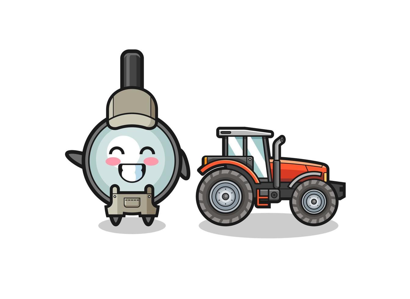 la mascota del granjero de la lupa de pie junto a un tractor vector