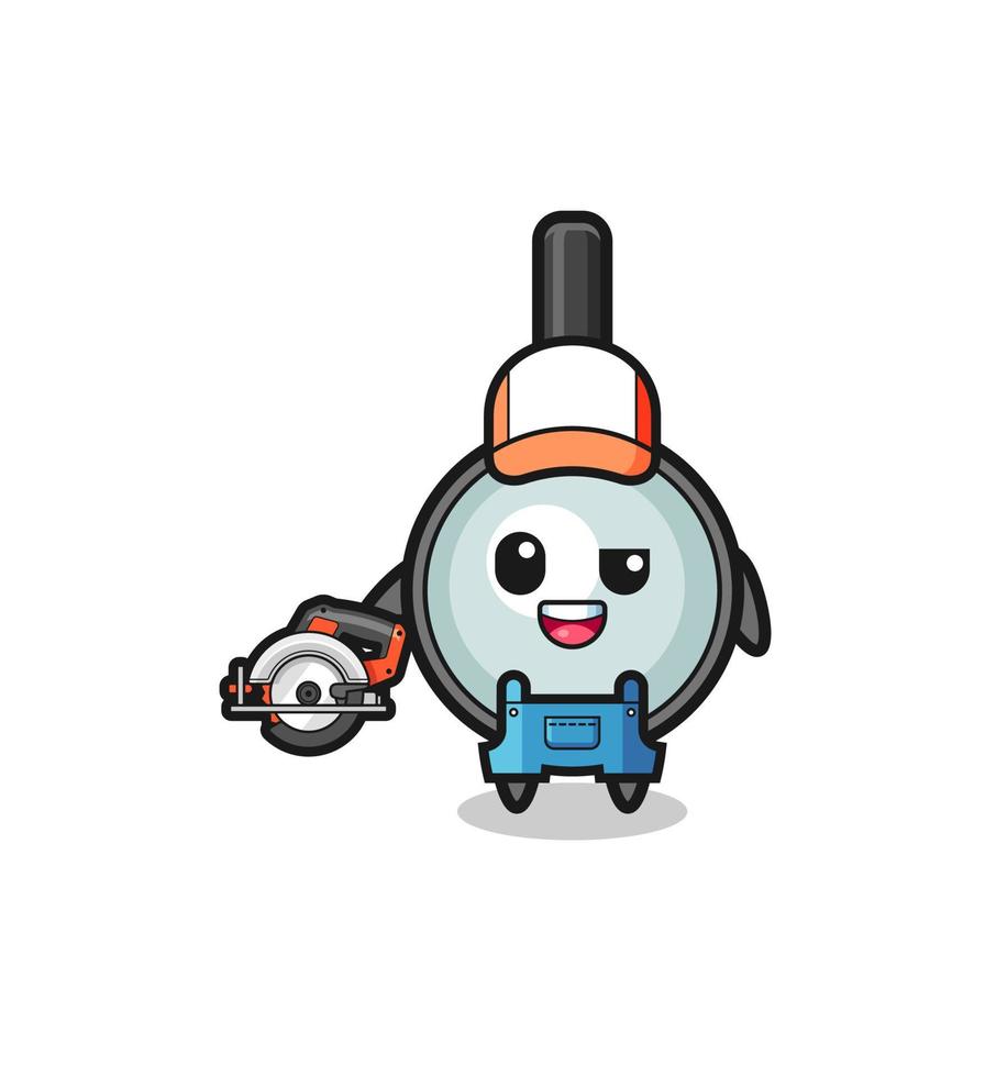 the woodworker magnifying glass mascot holding a circular saw vector