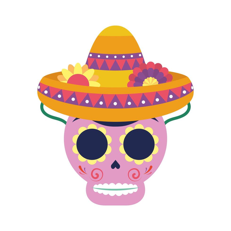 cabeza de calavera con sombrero mexicano tradicional vector