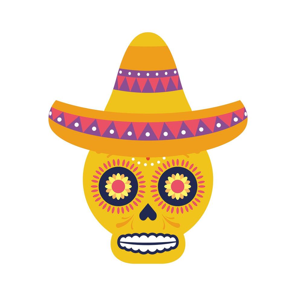 cabeza de calavera con sombrero mexicano tradicional vector