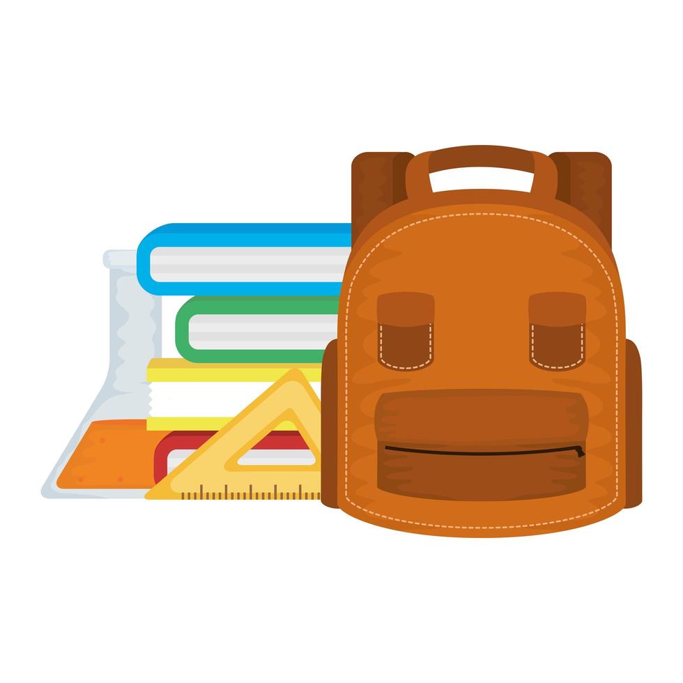 mochila escolar con tubo de ensayo y libros. vector