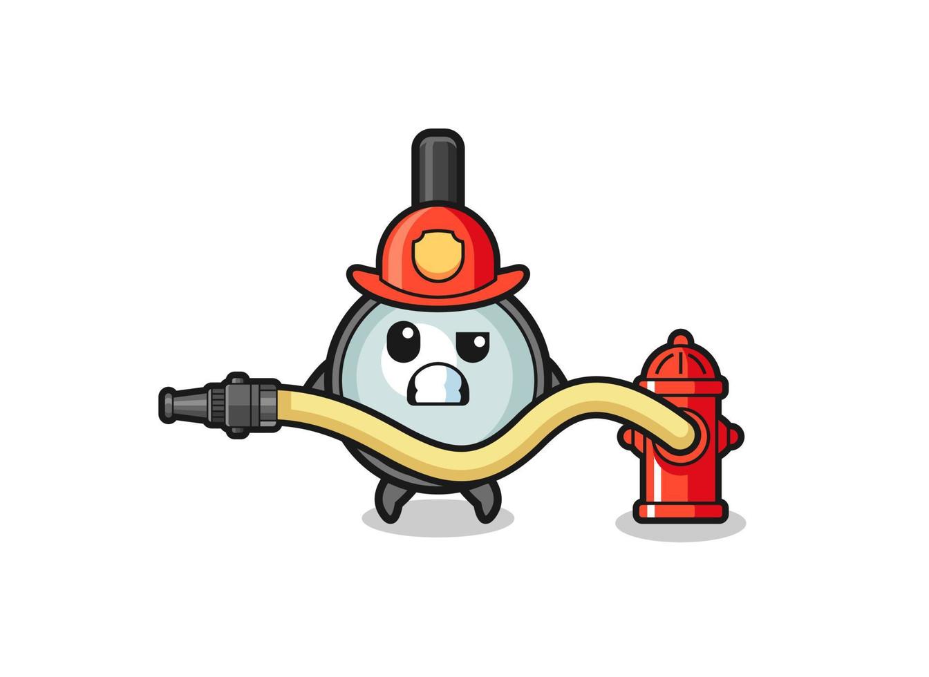 magnifying glass cartoon as firefighter mascot with water hose vector
