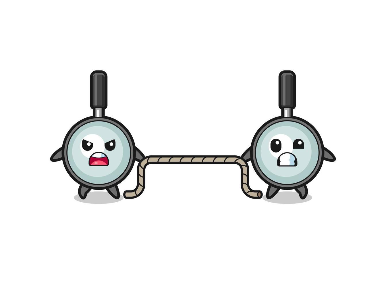cute magnifying glass character is playing tug of war game vector