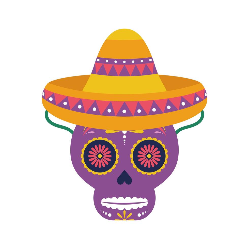 cabeza de calavera con sombrero mexicano tradicional vector