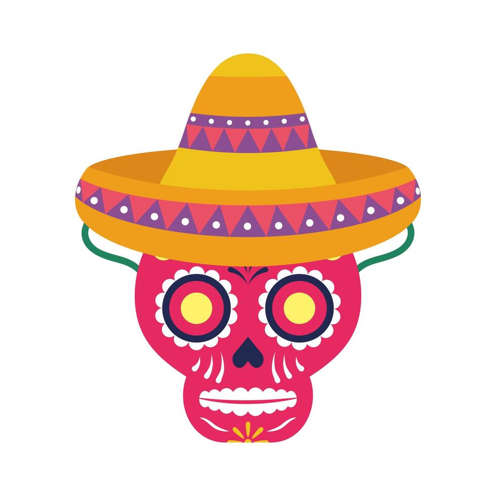 cabeza de calavera con sombrero mexicano tradicional vector