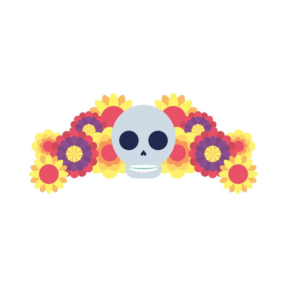 Cabeza de calavera tradicional mexicana con jardín de flores vector