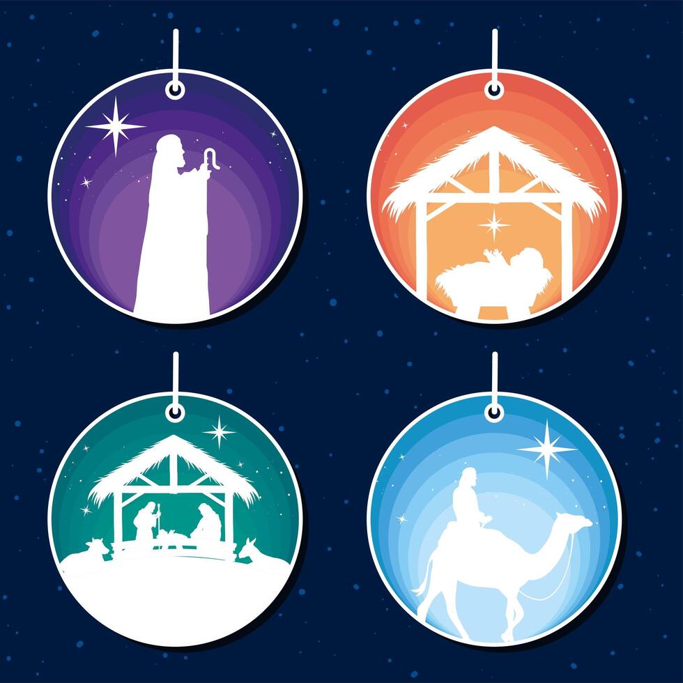 four manger silhouettes in tags vector