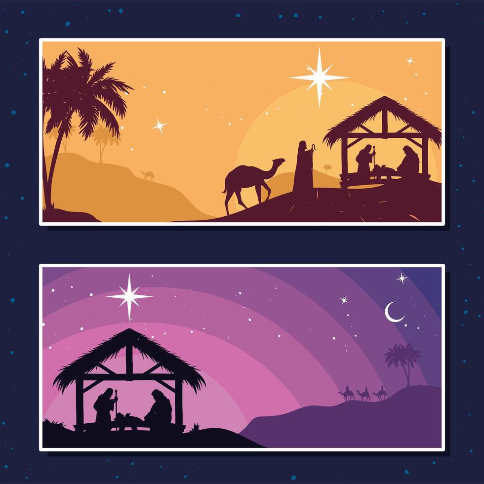 two mangers nativity cards vector