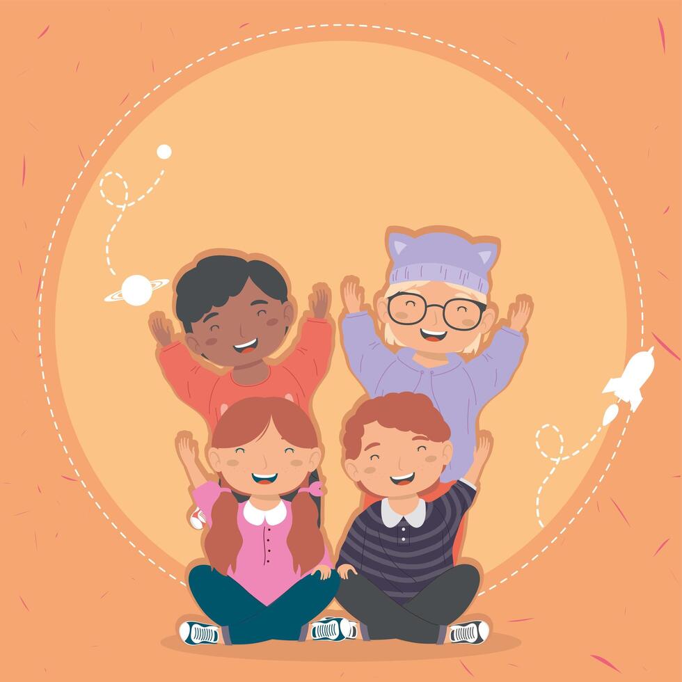 happy four interracial kids vector