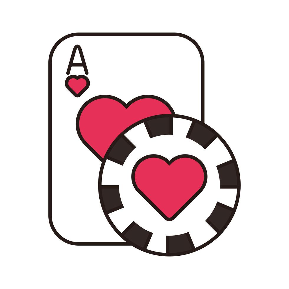 Tarjeta de póquer de casino y chip con icono de corazón aislado vector