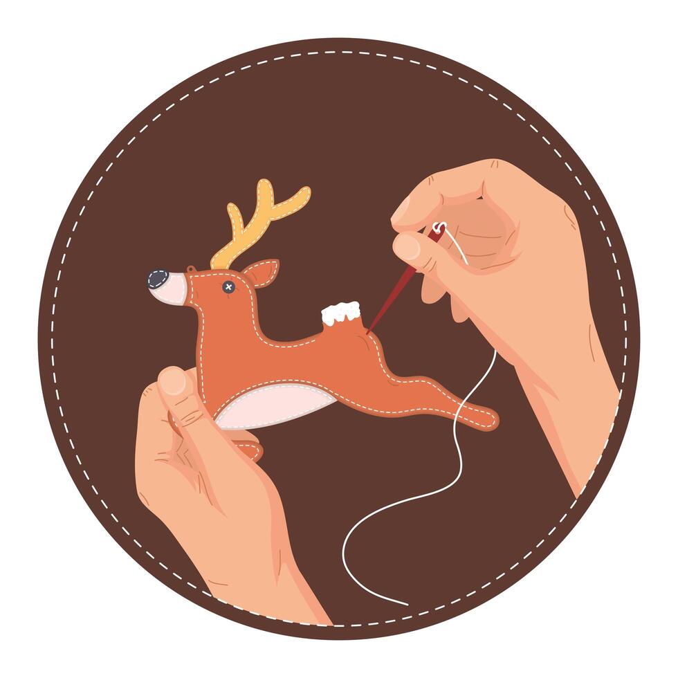 hands seewing christmas deer vector