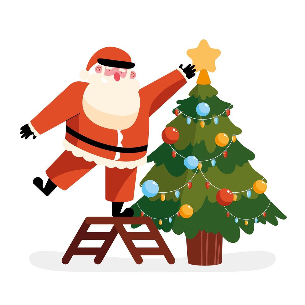 santa claus decorating tree vector