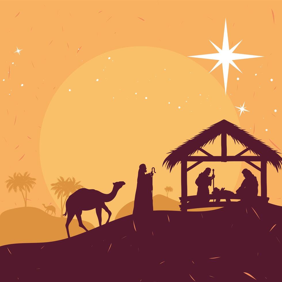 natividad, siluetas, ocaso, escena vector