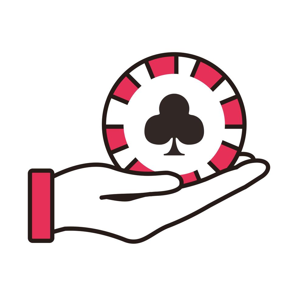 Mano levantando fichas de casino con trébol icono aislado vector