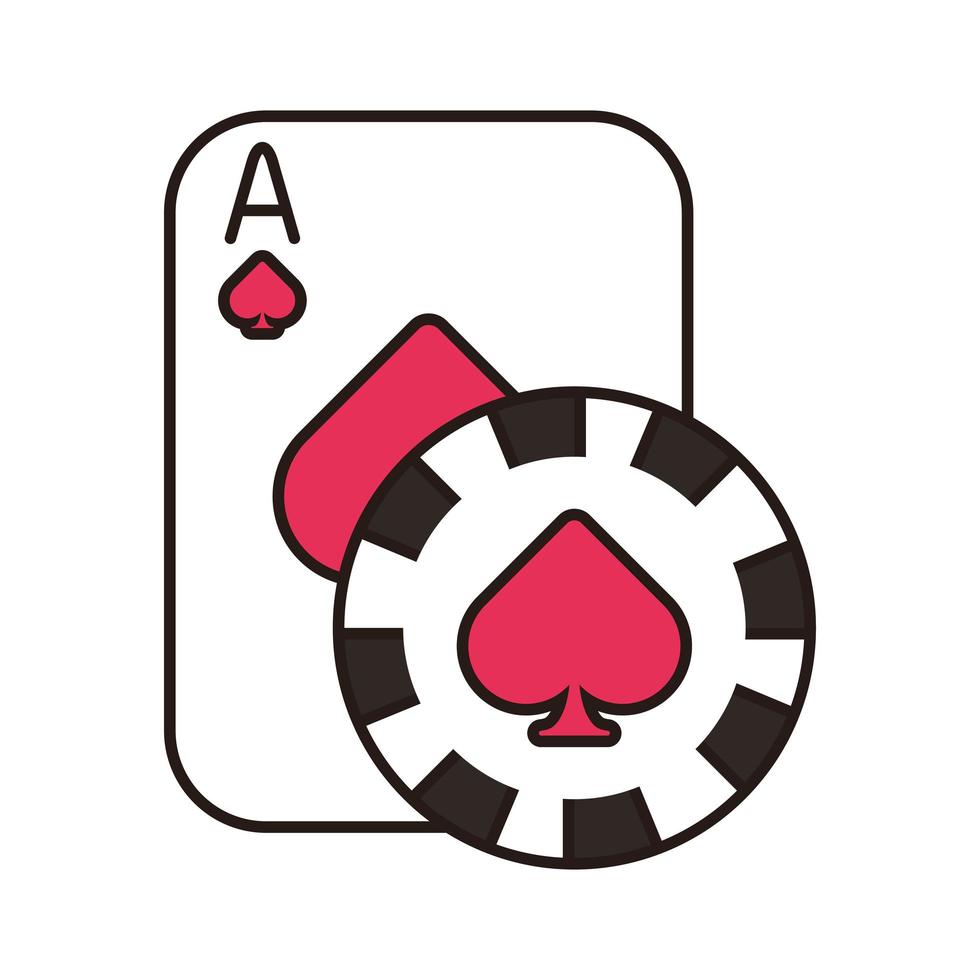Tarjeta de póquer de casino y chip con icono aislado de pala vector