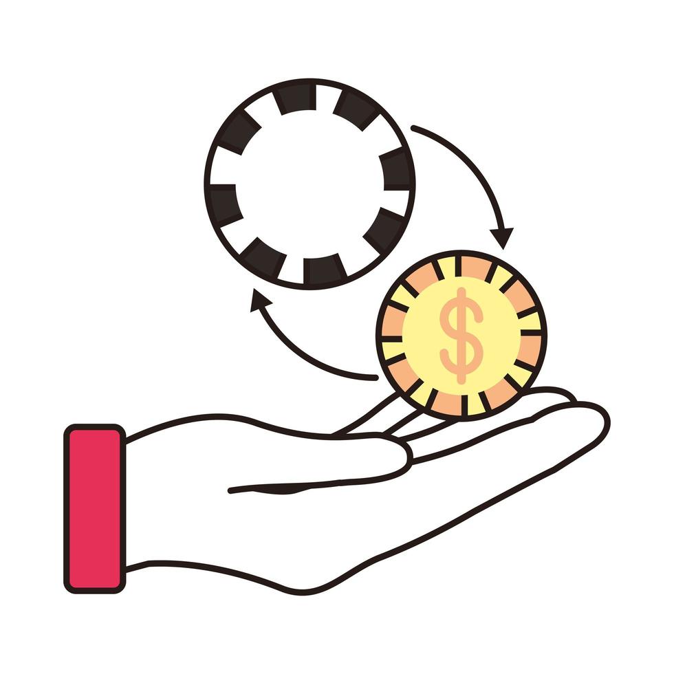 hand lifting casino chip with arrows and coin vector