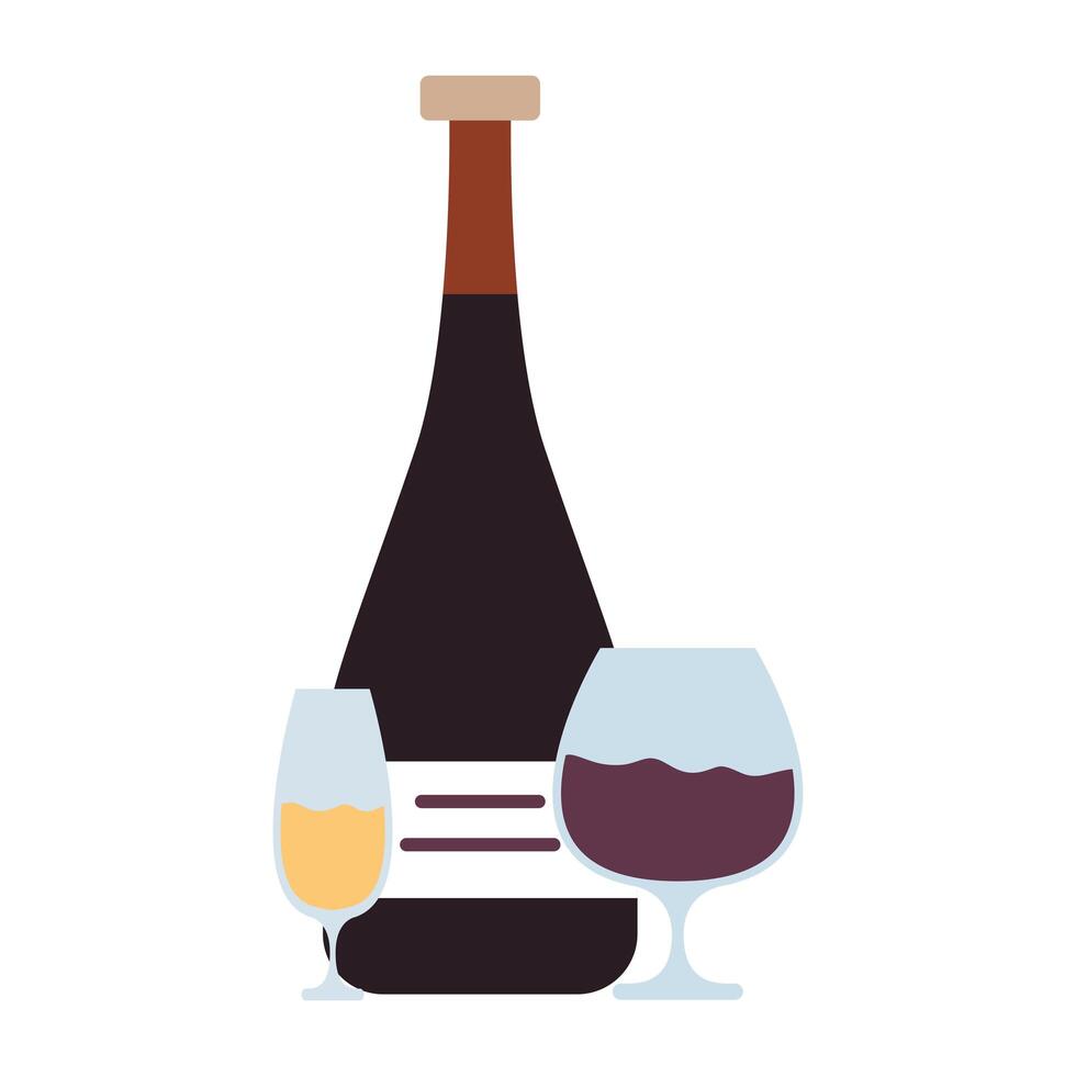 Botella de vino y copas beben icono aislado vector