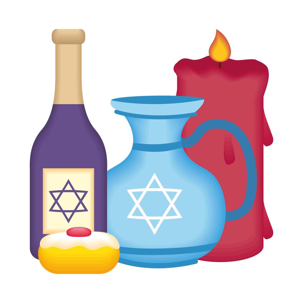 Tarro de tetera feliz Hanukkah con botella de vino y cupcake vector