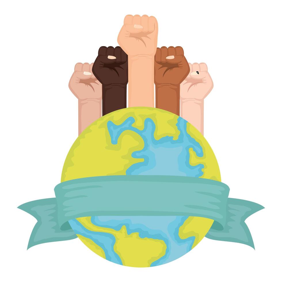 interracial hands fist with world planet earth vector