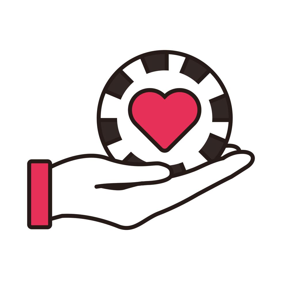 hand lifting casino chip with heart isolated icon vector