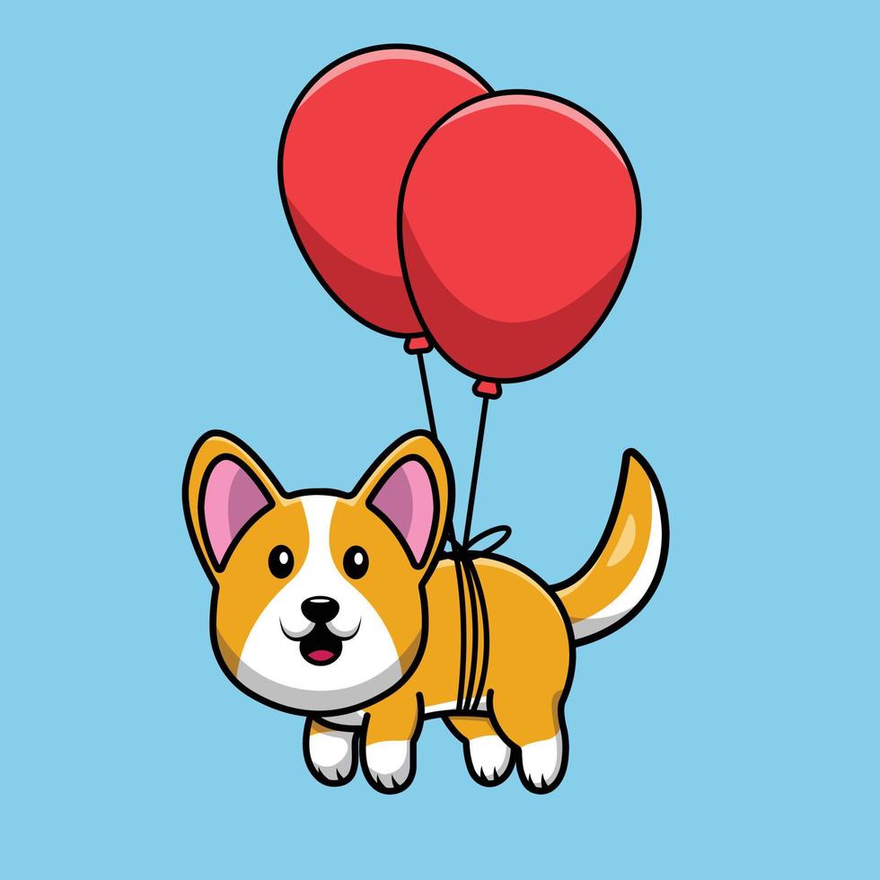 Cute Corgi Dog Floating With Balloon Illustration vector