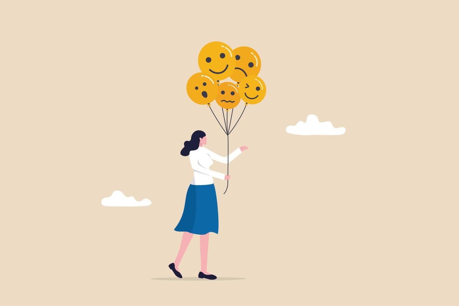 control emocional y autorregulación, manejo del estrés o conciencia de la salud mental, concepto de sentimiento y expresión, mujer tranquila sosteniendo globos con caras de emoción o expresión, feliz, triste o con miedo. vector