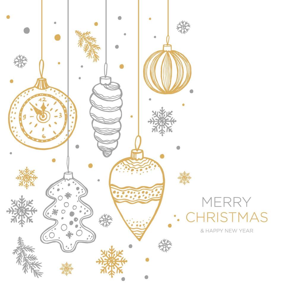 Hand drawn Christmas fur tree with balls, toys and fir-cone, for xmas design in gold and silver. Vector illustration on white background.