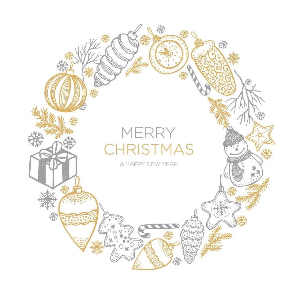 Hand drawn Christmas wreath fur tree with balls, toys and fir-cone, for xmas design in gold and silver. Vector illustration on white background.