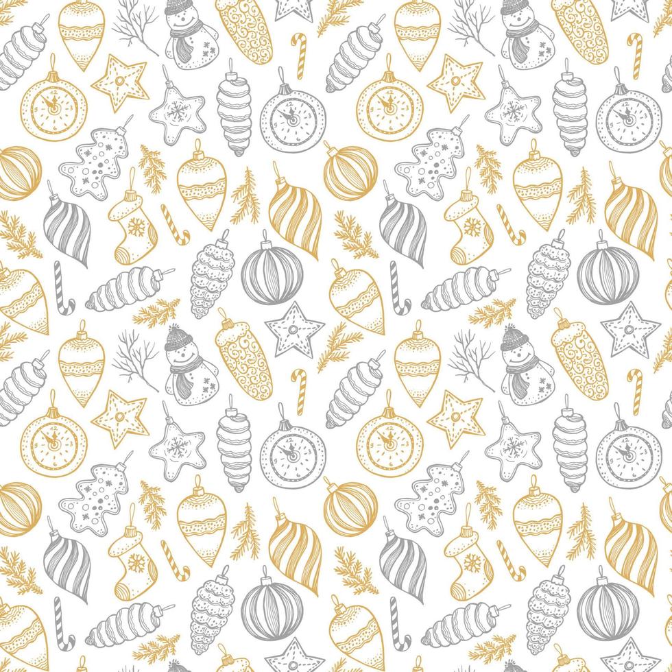 Hand drawn Christmas seamless pattern. Fur tree with balls, toys and fir-cone, for xmas design in gold and silver. Vector surface design on white background.