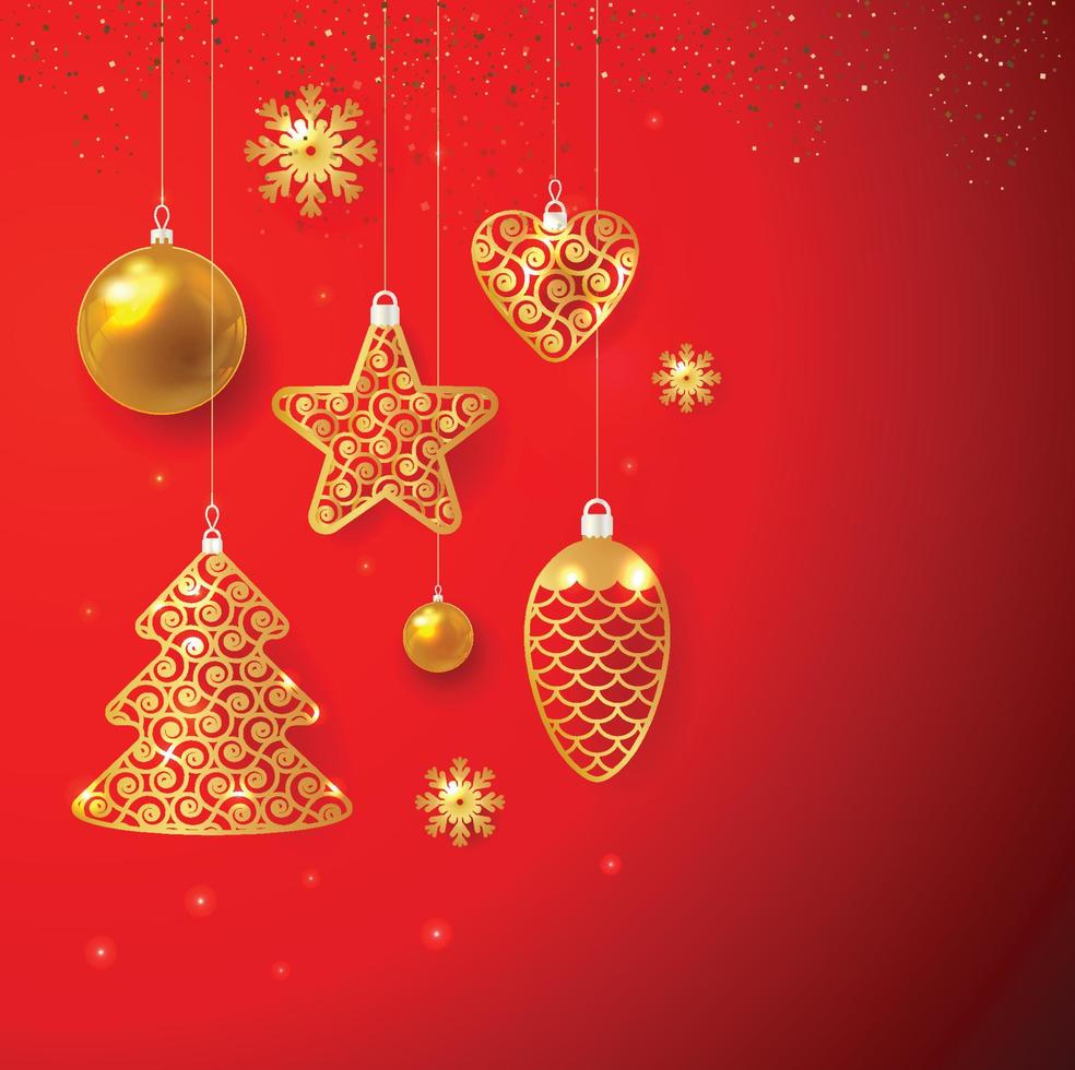 Holiday New Year and Merry Christmas Background. Gold christmas toys on on red background. Vector illustration.
