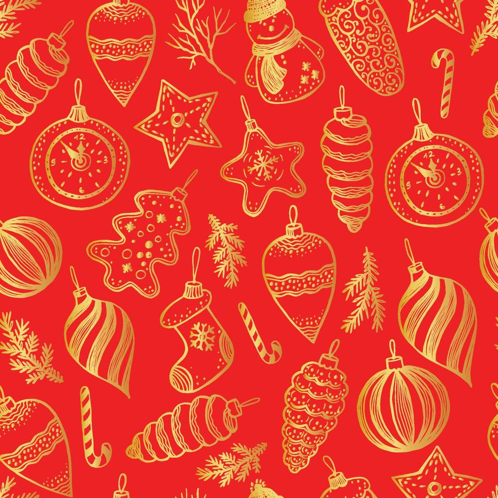Christmas and New year seamless pattern on red with balls, toys and fir-cone, for xmas design in gold. Vector surface design on red background.