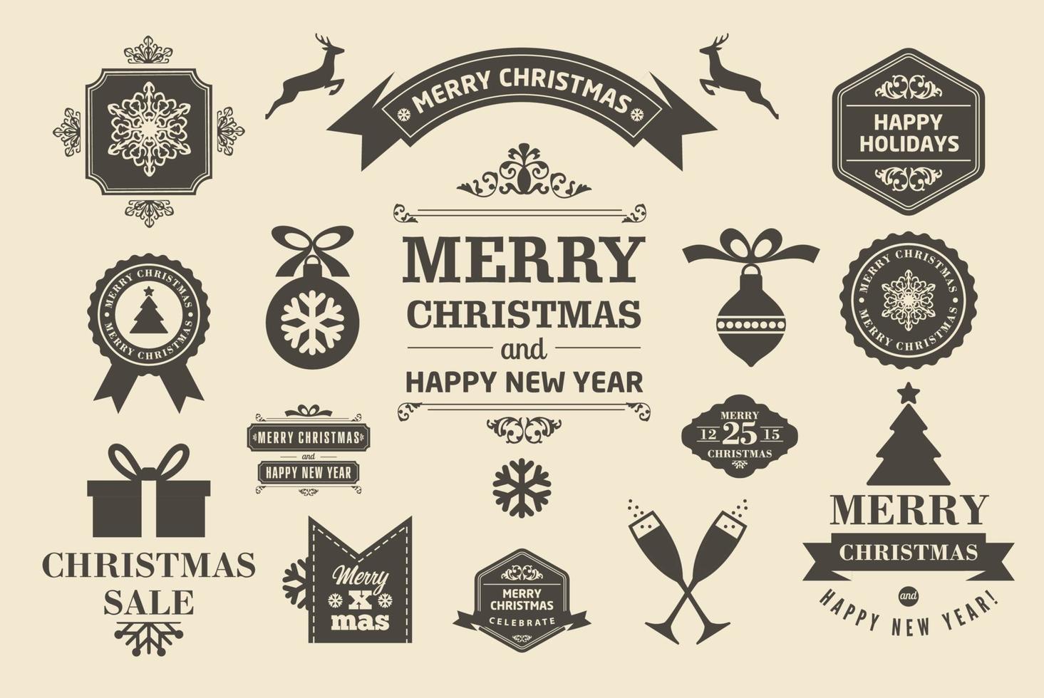 New Year Retro Icons, Elements labels And Illustration Set lettering phrases for Christmas vector