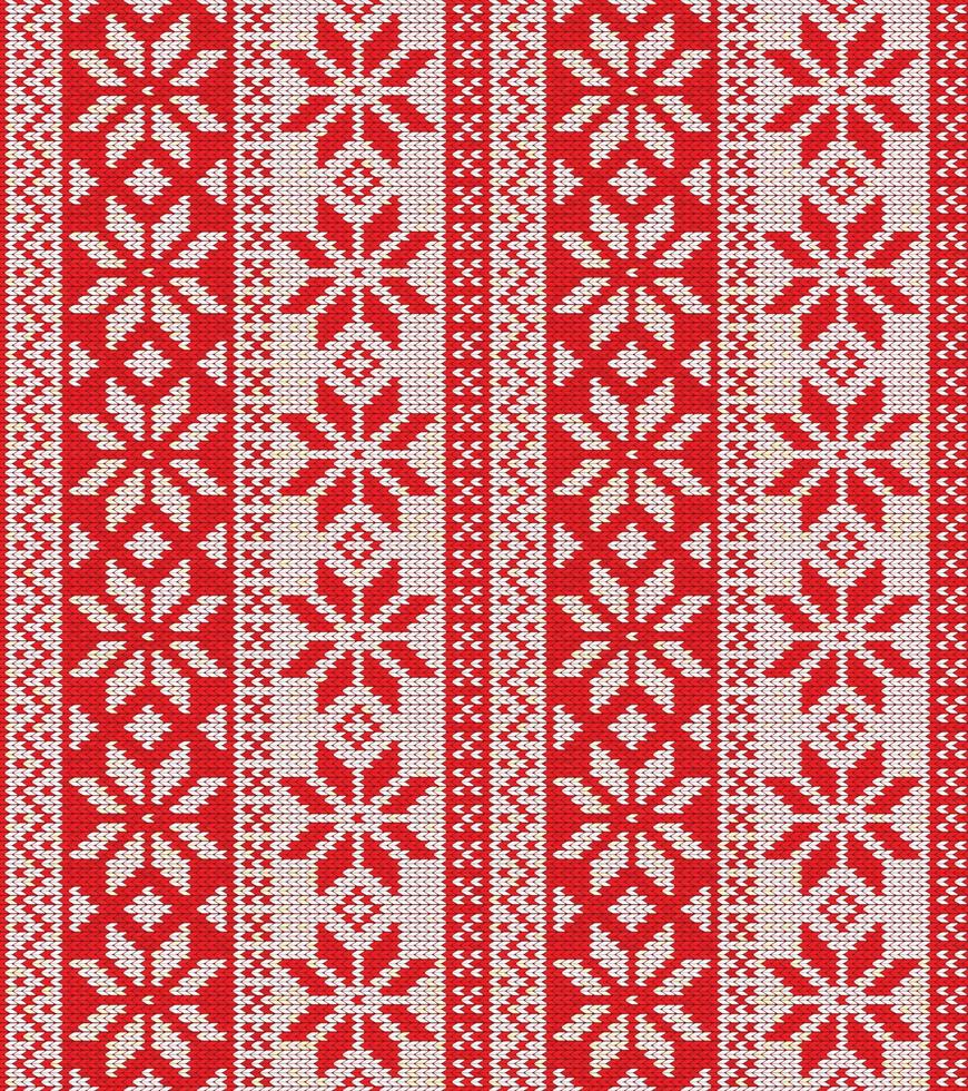Christmas seamless pattern ornament on the wool knitted texture. Vector illustration in red color