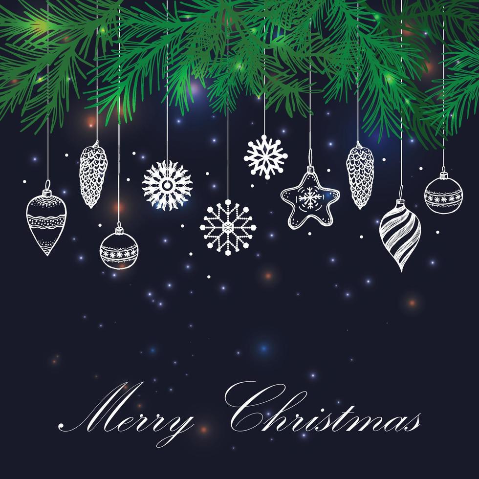 Christmas hand drawn fur tree for xmas design. With balls, toys, snowflakes and fir-cone. Dark magic texture for vintage Xmas invitation design. vector