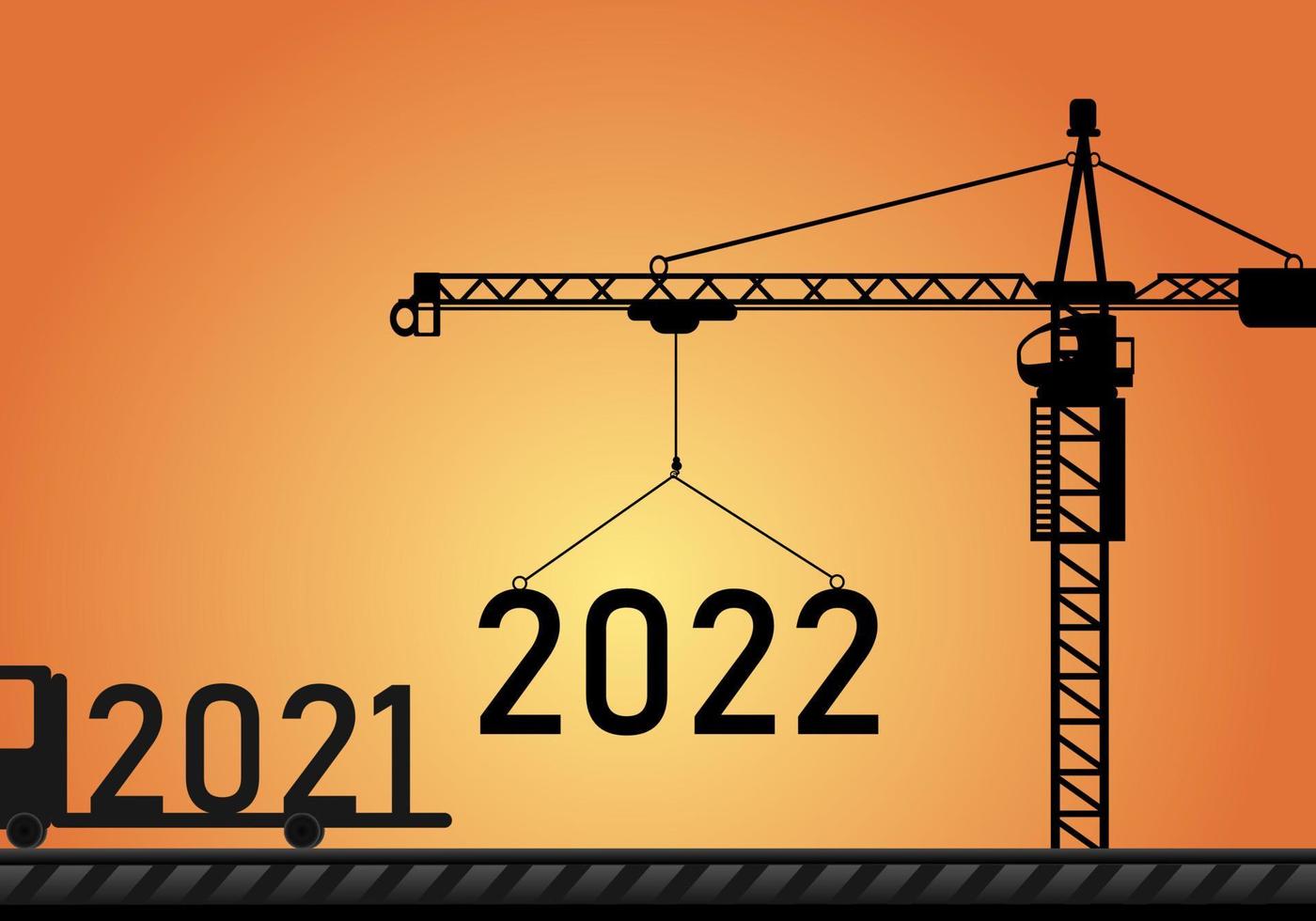 el año 2021 en una carretilla elevadora al revés el año 2022 feliz año nuevo ilustración de vector de grúa de sitio de construcción sobre fondo de puesta de sol. el concepto para el año nuevo 2022 y el negocio de la visión.