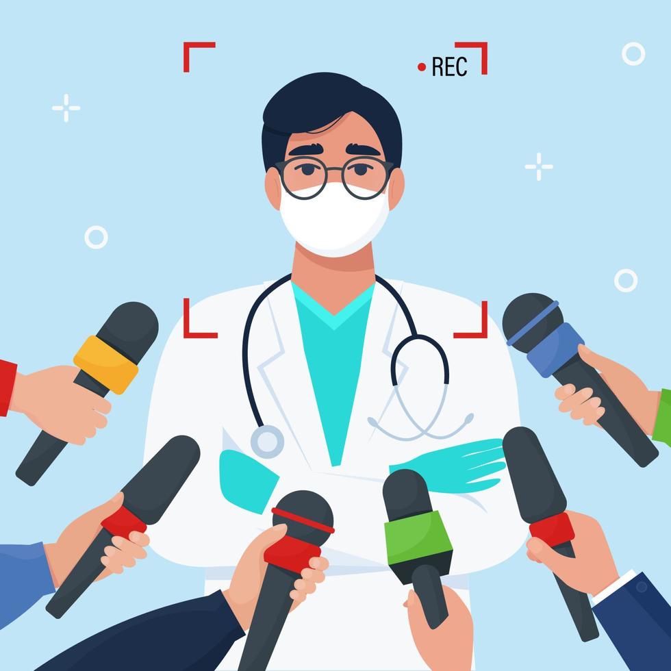 médico con máscara protectora concede entrevistas a periodistas y medios de comunicación. ilustración vectorial en estilo plano vector
